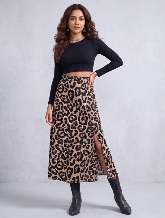 The Wild Chic Leopard Print Midi Skirt with Slit